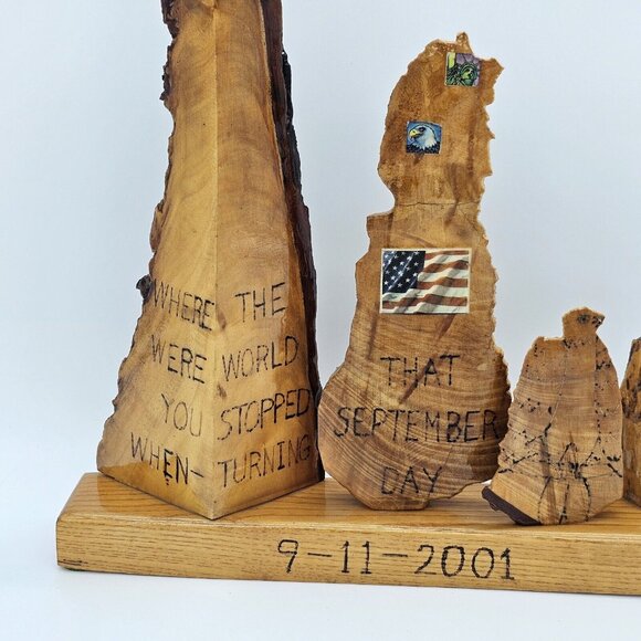 Vintage Hand Carved Wood 9/11 Tribute Memorial Sculpture Remembrance Handmade - Picture 6 of 16